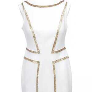 Joseph Ribkoff Womens Dress 10 White Sheath Ecru Gold Tone Sequins Bodycon